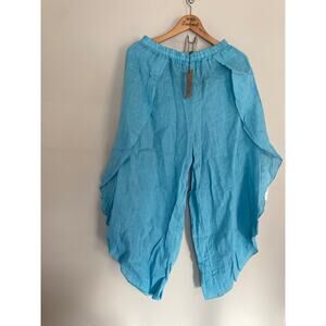 NWT 100% Linen Made In Italy Pants Ruffle Detail OSFM Resort Beach Vacation